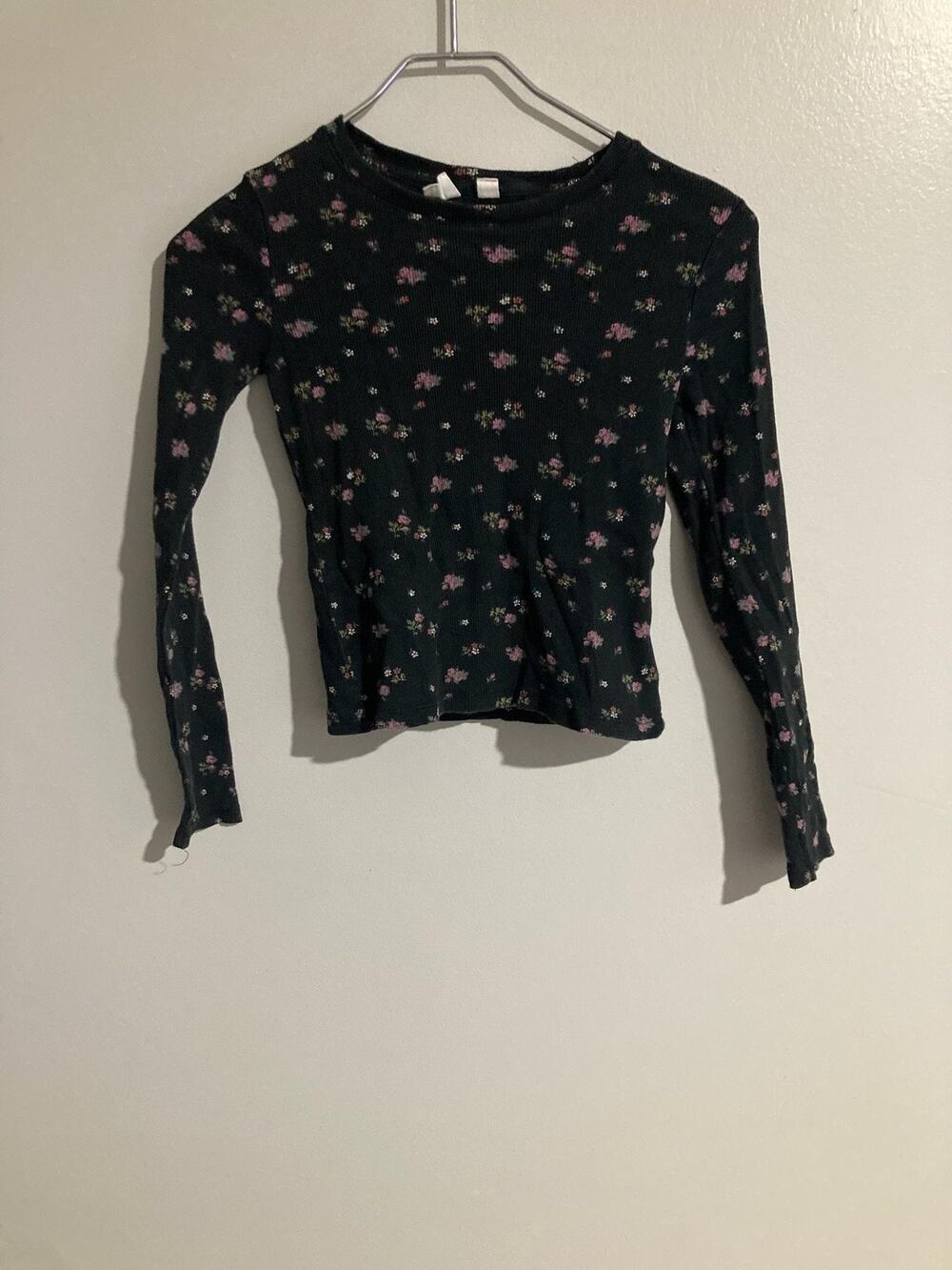 Gap Shirt Girls 10 Black Floral Long Sleeve Slim Ribbed Crew Neck Stretch